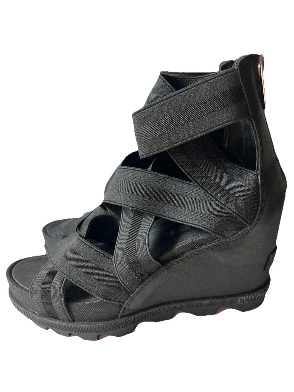 Sorel Joanie ii Black Strappy Stretch Elastic Wrap Wedge Ankle Zip Sandals - 7